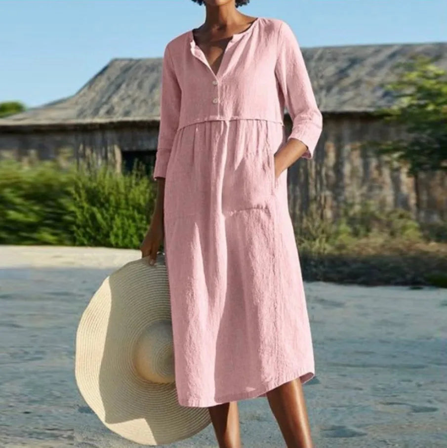 Solid Cotton Linen Half Sleeve 's Boho Dress