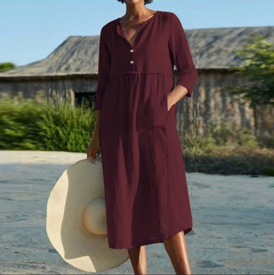 Solid Cotton Linen Half Sleeve 's Boho Dress