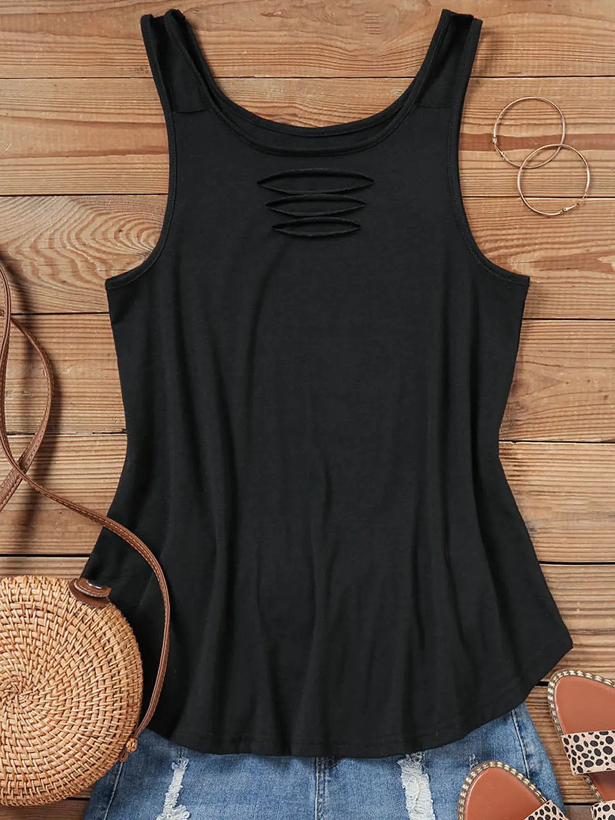 Hollow Out Ruffled V Neck Tank Top for