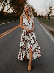 Asymmetrical Black and White Floral Maxi Boho Dress