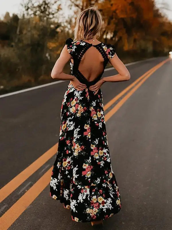 Asymmetrical Black and White Floral Maxi Boho Dress