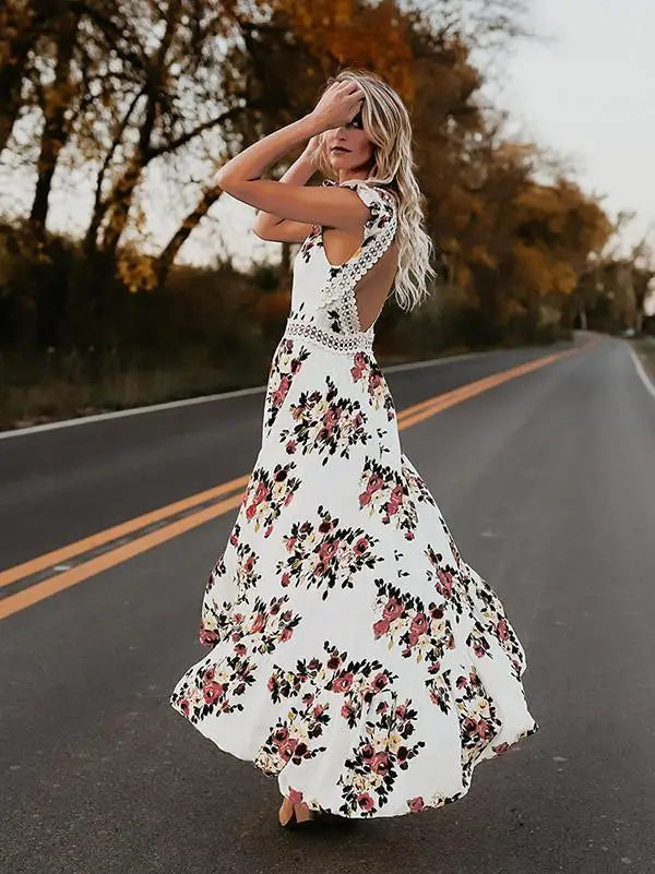 Asymmetrical Black and White Floral Maxi Boho Dress