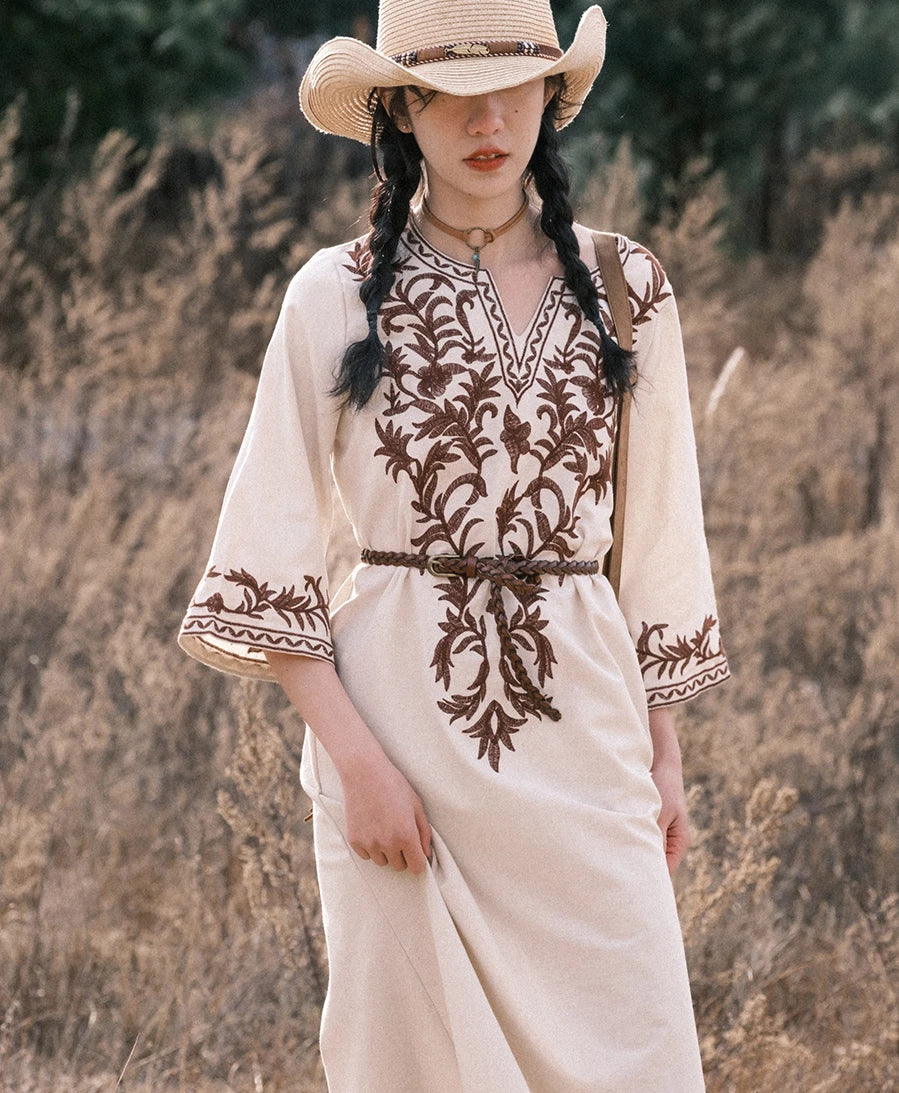 Vintage V Neck Boho Cotton Linen Floral Embroidery Long Boho Dress