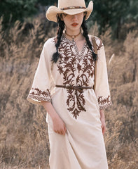 Vintage V Neck Boho Cotton Linen Floral Embroidery Long Boho Dress