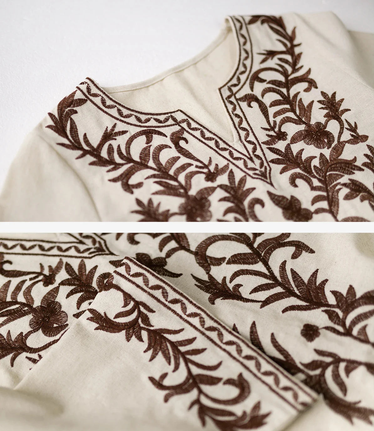 Vintage V Neck Boho Cotton Linen Floral Embroidery Long Boho Dress