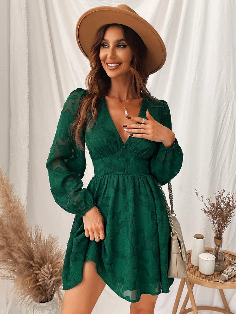 Long Sleeve Green Plunge A Line Mini Boho Dress