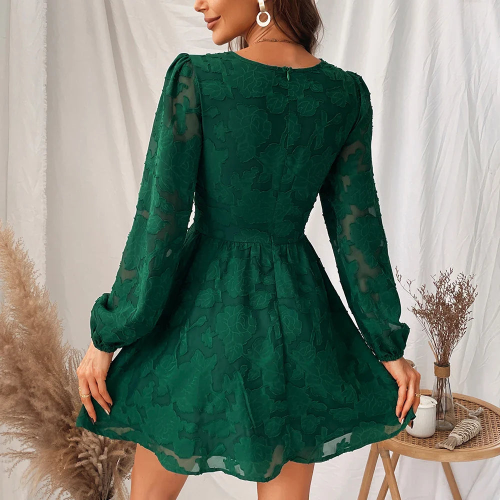 Long Sleeve Green Plunge A Line Mini Boho Dress