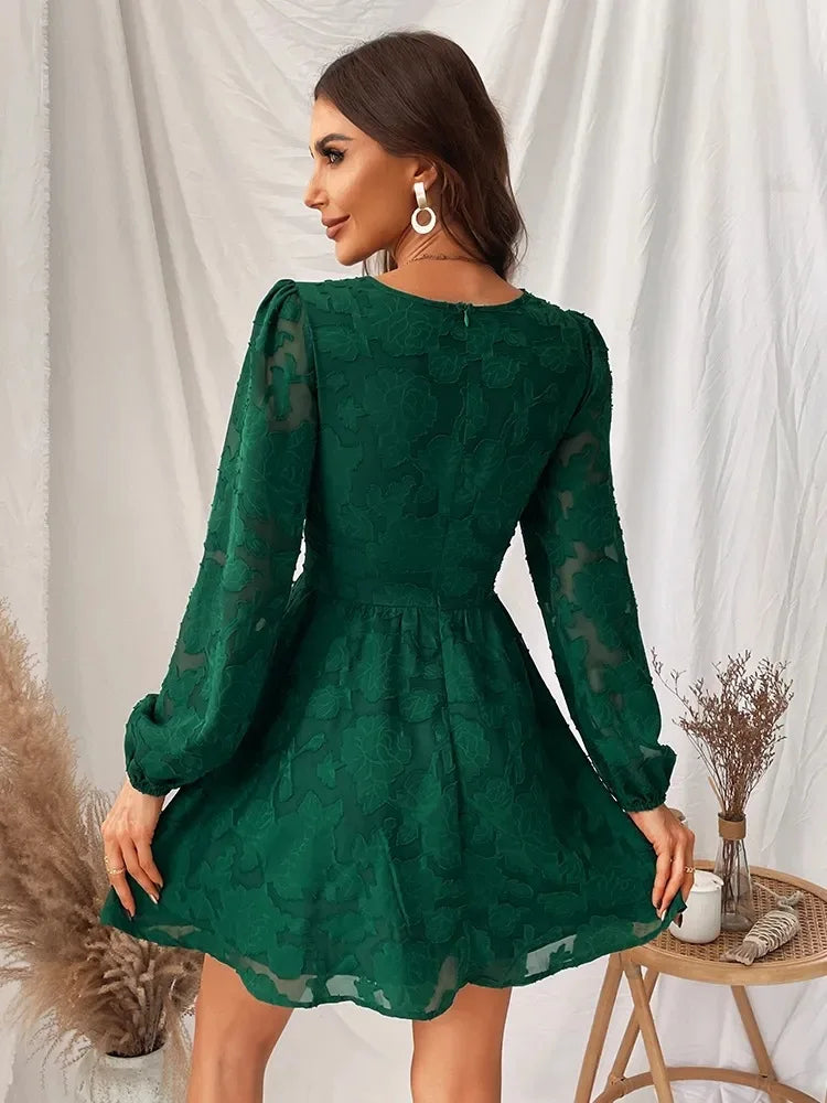 Long Sleeve Green Plunge A Line Mini Boho Dress