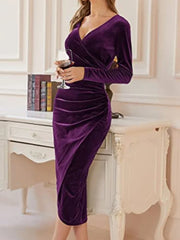 Velvet Split Ruched V neck Midi Bodycon Dress