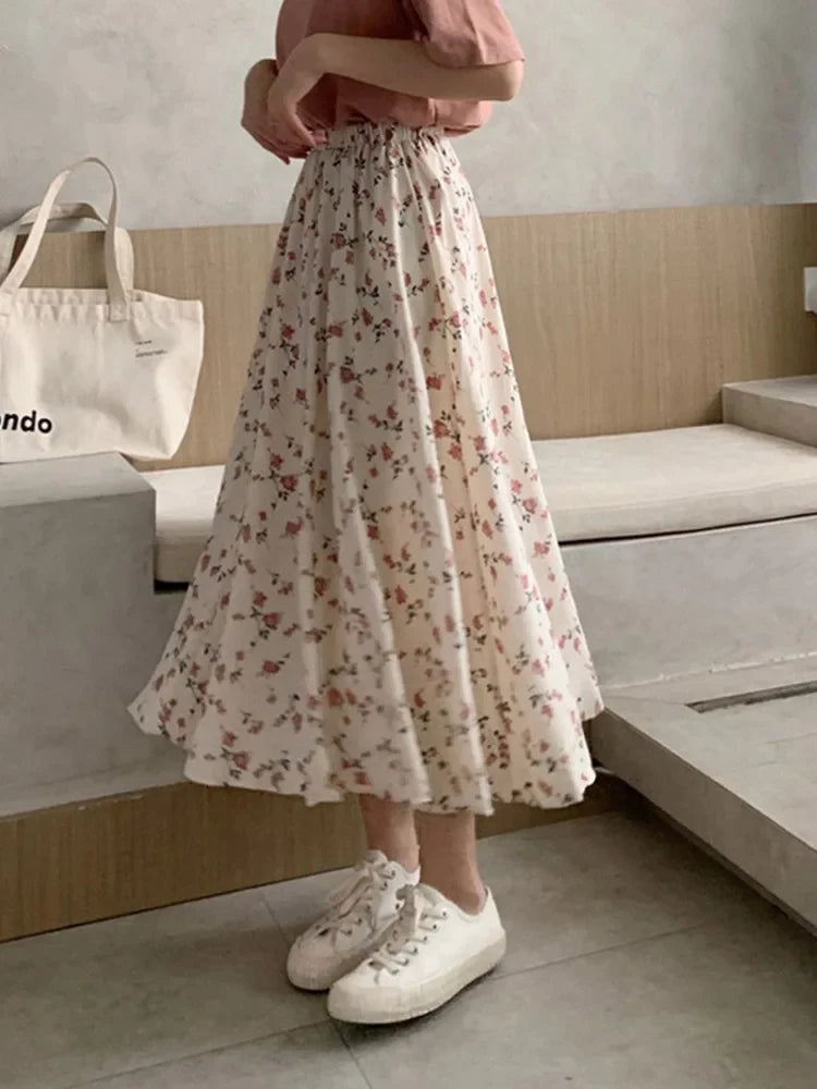 Vintage Floral Print A line Pleated Streetwear Drawstring Midi Skirt