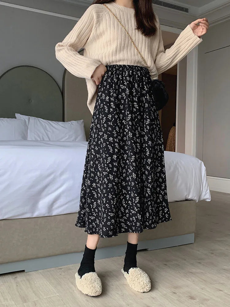 Vintage Floral Print A line Pleated Streetwear Drawstring Midi Skirt