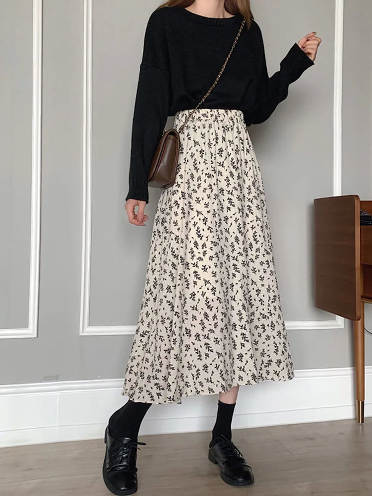 Vintage Floral Print A line Pleated Streetwear Drawstring Midi Skirt