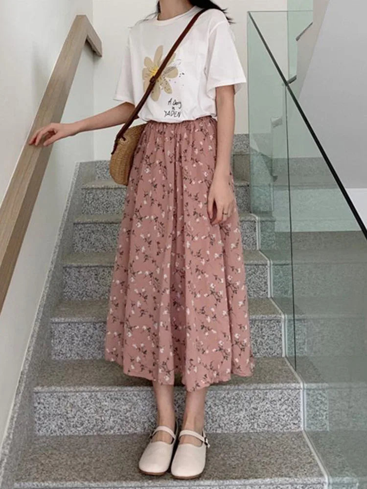 Vintage Floral Print A line Pleated Streetwear Drawstring Midi Skirt