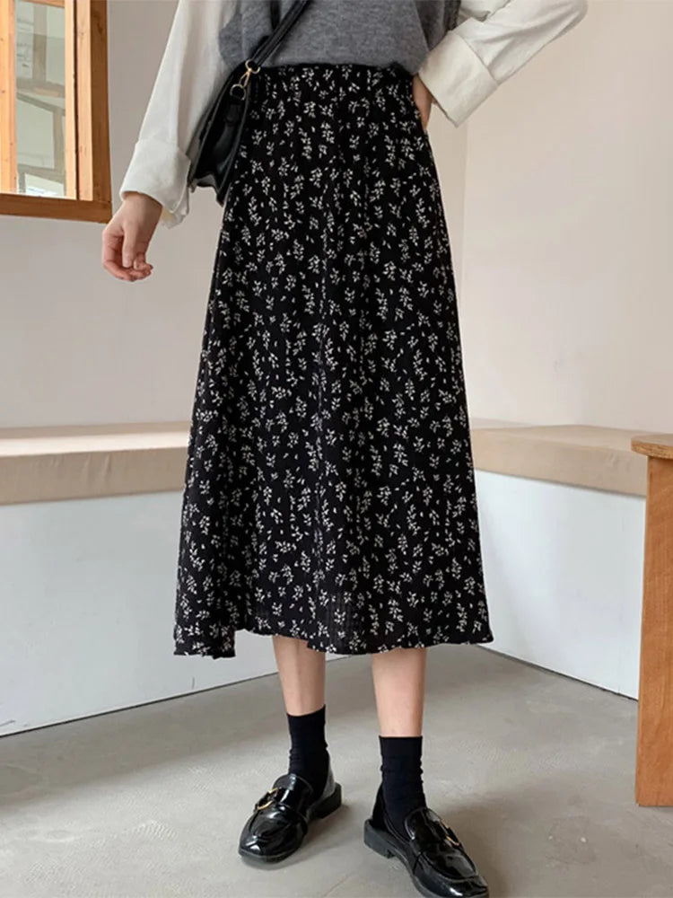 Vintage Floral Print A line Pleated Streetwear Drawstring Midi Skirt