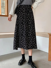Vintage Floral Print A line Pleated Streetwear Drawstring Midi Skirt