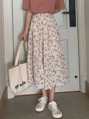 Vintage Floral Print A line Pleated Streetwear Drawstring Midi Skirt