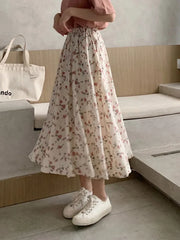 Vintage Floral Print A line Pleated Streetwear Drawstring Midi Skirt