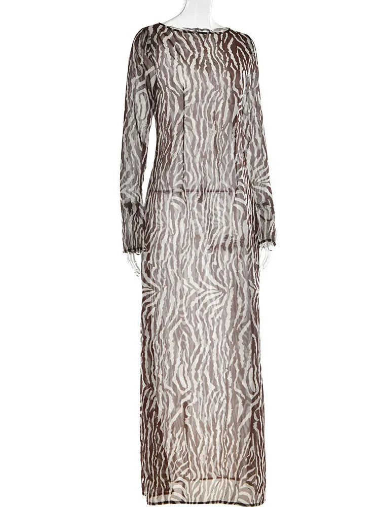 Autumn  Long Sleeve Zebra Print Bodycon Maxi Dress