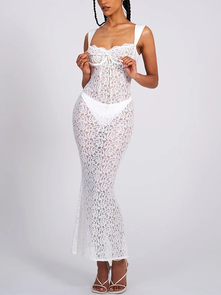 Elegant See Through Backless Wedding Lace Dress