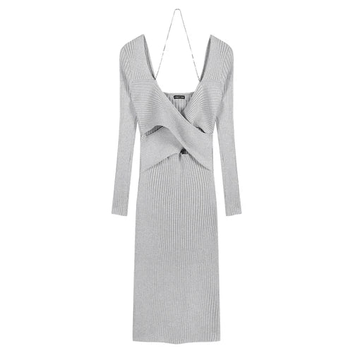 Elegant V Neck Solid Y2K Designer Knitted Maxi Dress