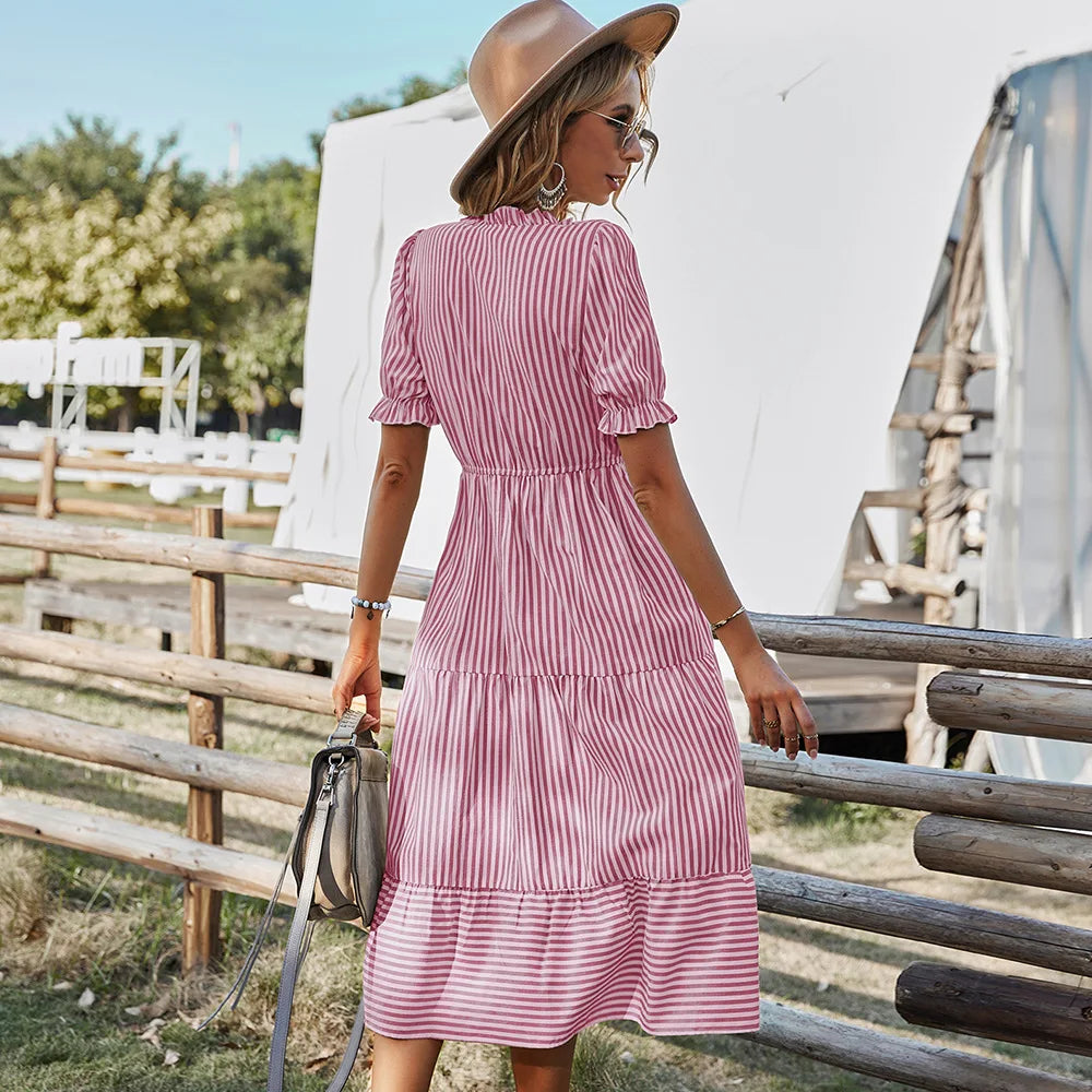 Elegant Striped V Neck Lantern Sleeve Boho Dress