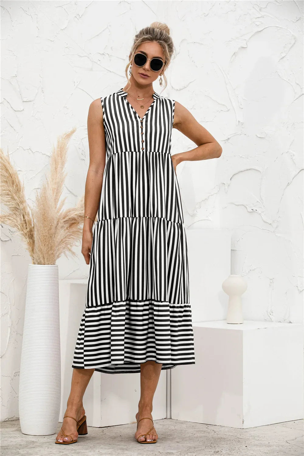 Elegant Striped V Neck Lantern Sleeve Boho Dress