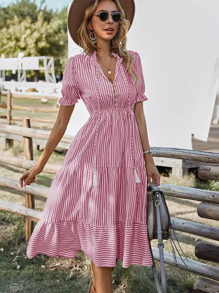 Elegant Striped V Neck Lantern Sleeve Boho Dress