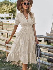 Elegant Striped V Neck Lantern Sleeve Boho Dress