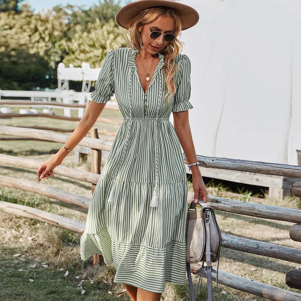 Elegant Striped V Neck Lantern Sleeve Boho Dress