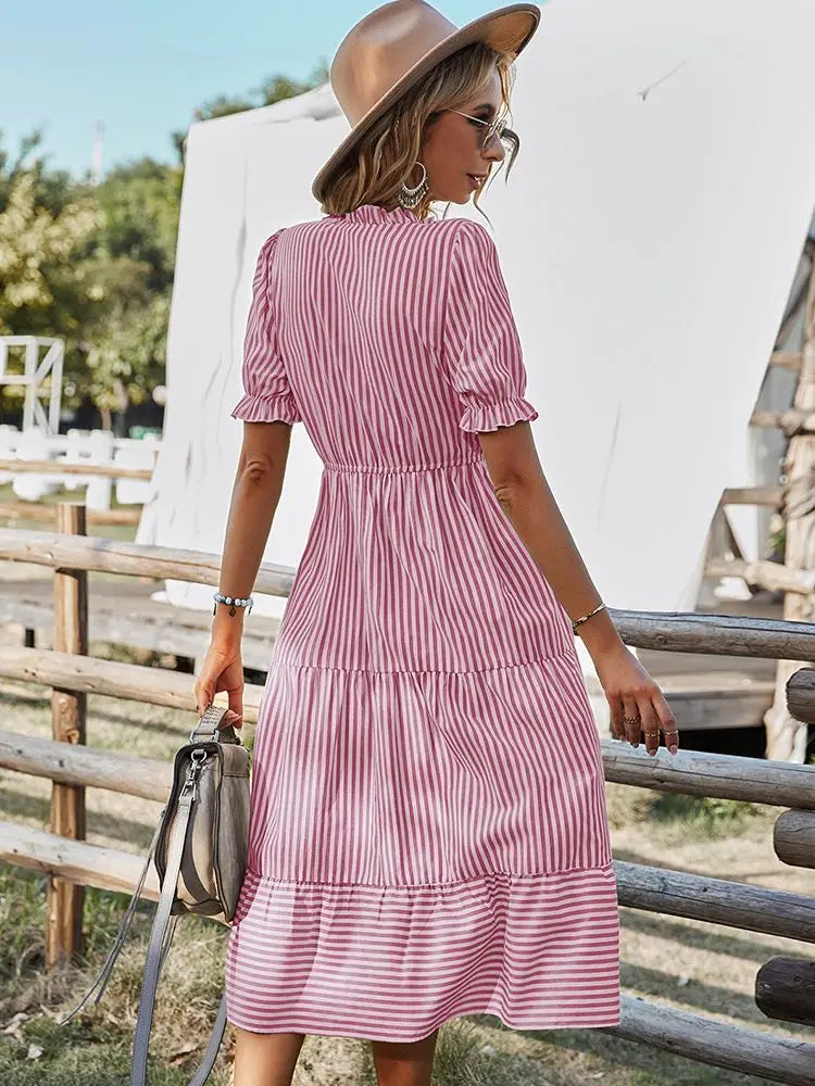 Elegant Striped V Neck Lantern Sleeve Boho Dress