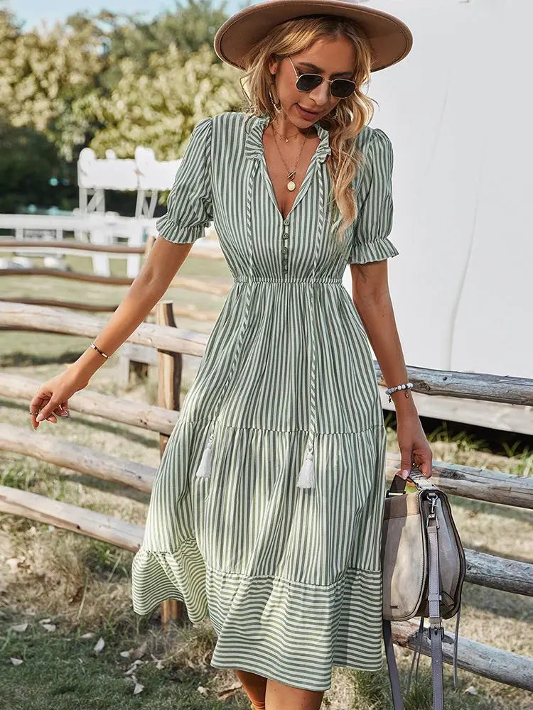 Elegant Striped V Neck Lantern Sleeve Boho Dress