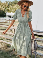 Elegant Striped V Neck Lantern Sleeve Boho Dress