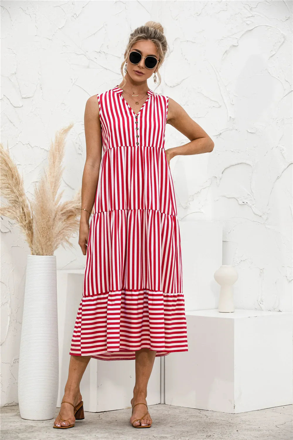 Elegant Striped V Neck Lantern Sleeve Boho Dress