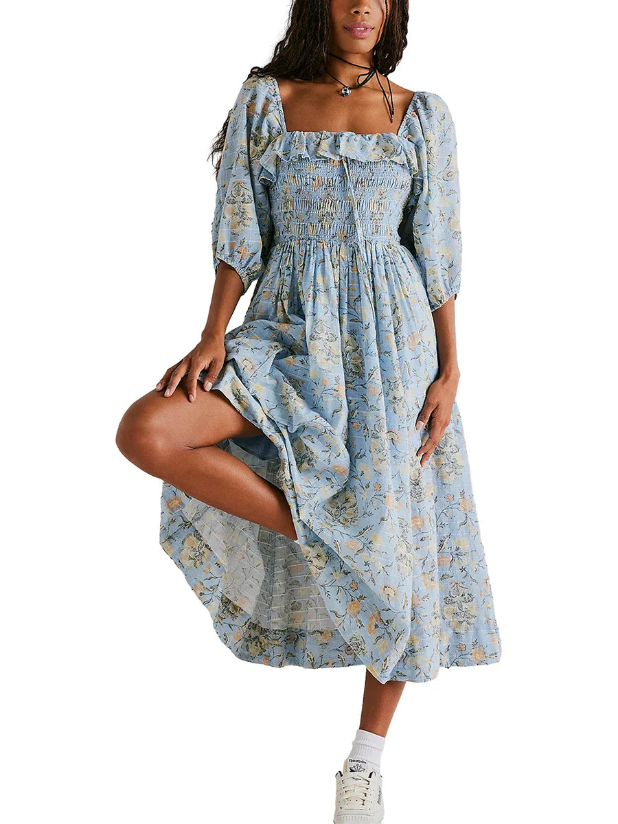 Square Neck A Line Swing Fall Flowy Flower Tiered Boho Long Dress