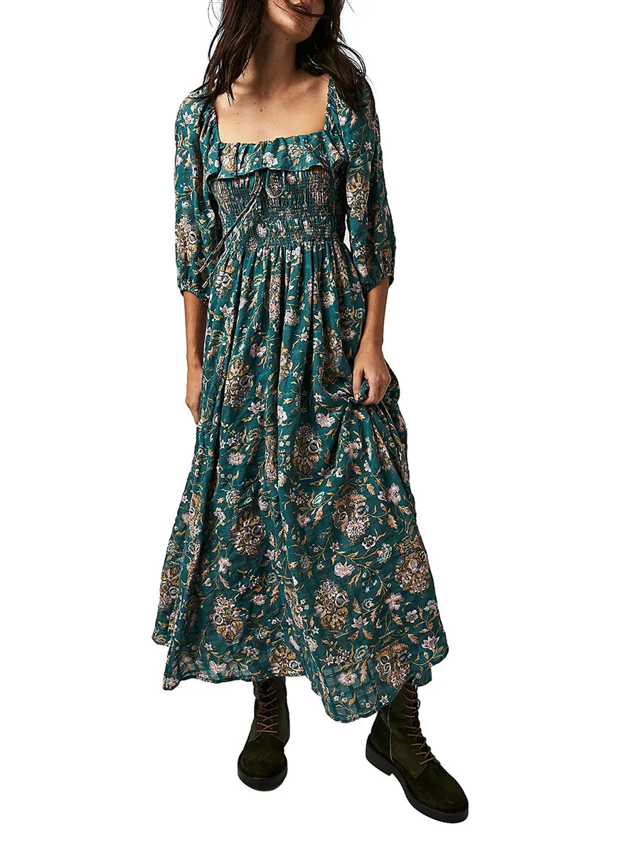 Square Neck A Line Swing Fall Flowy Flower Tiered Boho Long Dress