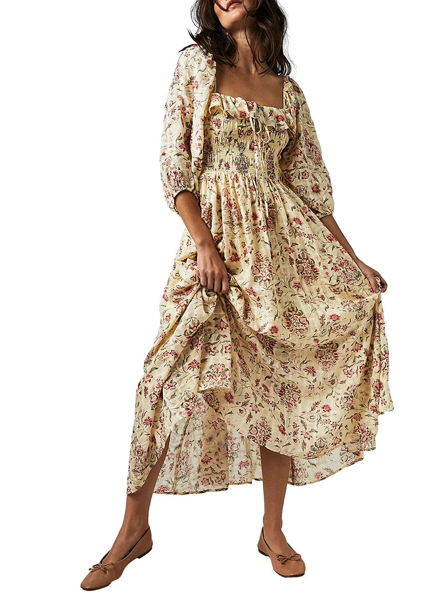 Square Neck A Line Swing Fall Flowy Flower Tiered Boho Long Dress