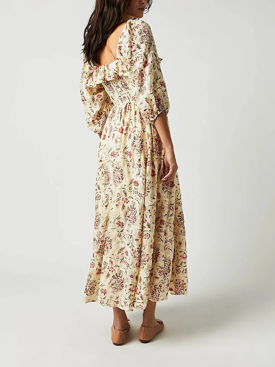 Square Neck A Line Swing Fall Flowy Flower Tiered Boho Long Dress