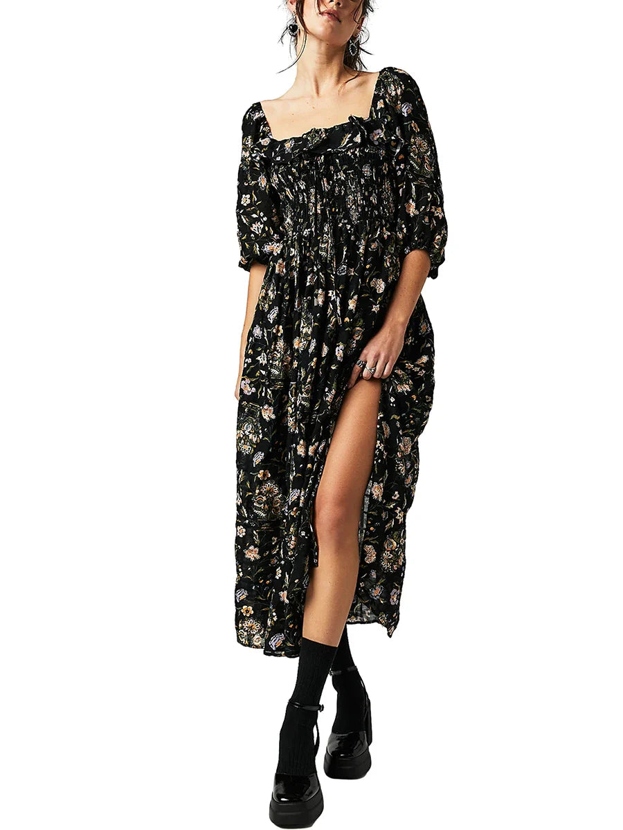 Square Neck A Line Swing Fall Flowy Flower Tiered Boho Long Dress