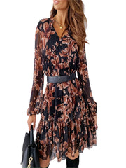 V neck Long Sleeve A line Wrapped Boho Dress