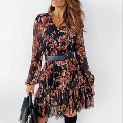 V neck Long Sleeve A line Wrapped Boho Dress