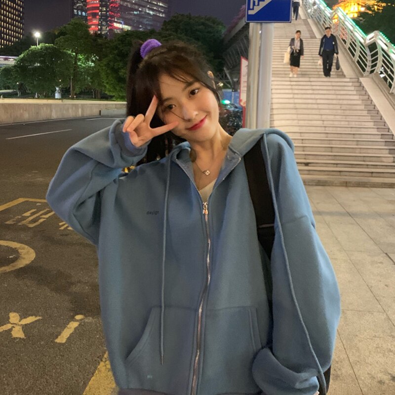 Korean Version Zip Up Loose Oversized Hoodie