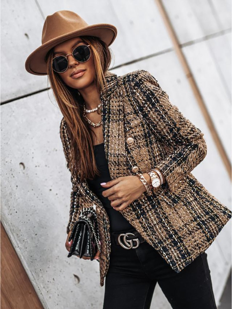 Plaid Tweed Long Sleeve Blazer