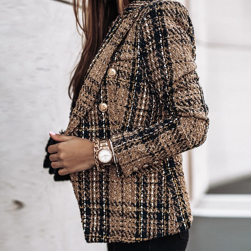 Plaid Tweed Long Sleeve Blazer