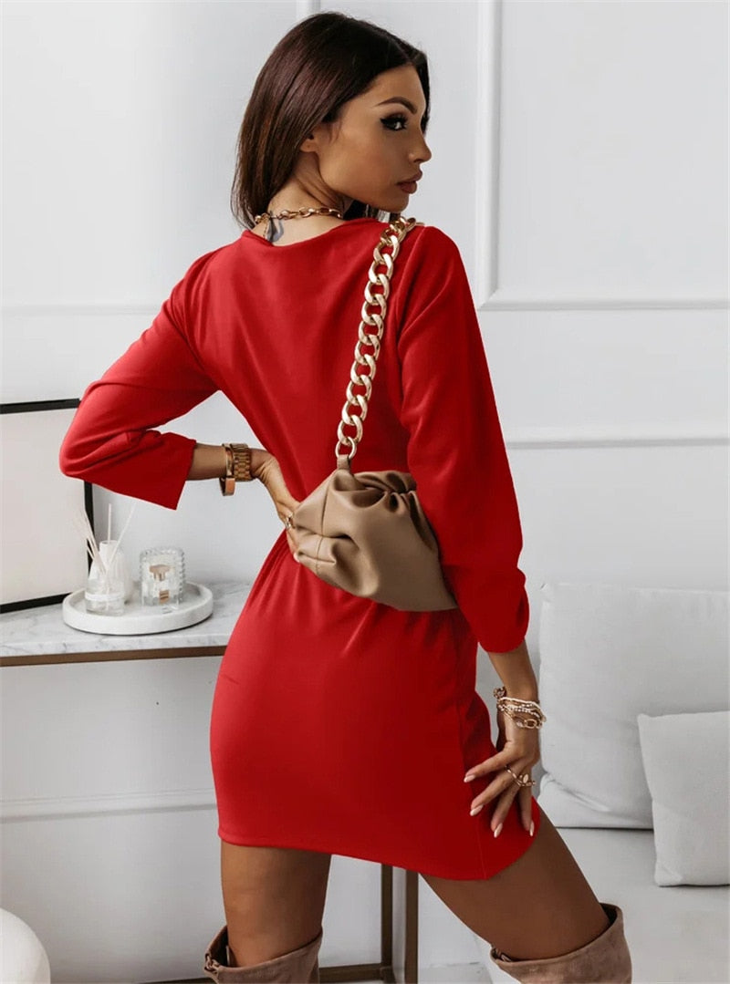 Solid Color Dresses V Neck Long Sleeve Slim Mini Dress