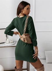 Solid Color Dresses V Neck Long Sleeve Slim Mini Dress