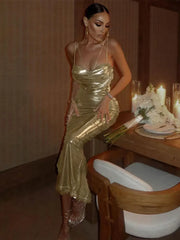 Elegant Gold Spaghetti Strap Backless Maxi Dress