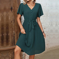 Summer Elegant Pleated Short Sleeve V Neck Lace Up High Waist Midi Dress