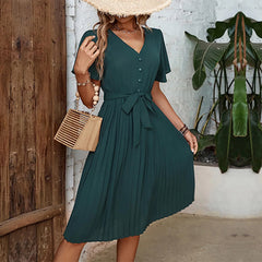 Summer Elegant Pleated Short Sleeve V Neck Lace Up High Waist Midi Dress