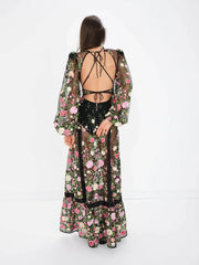 Backless See through V Neck Long Sleeve Floral Dress