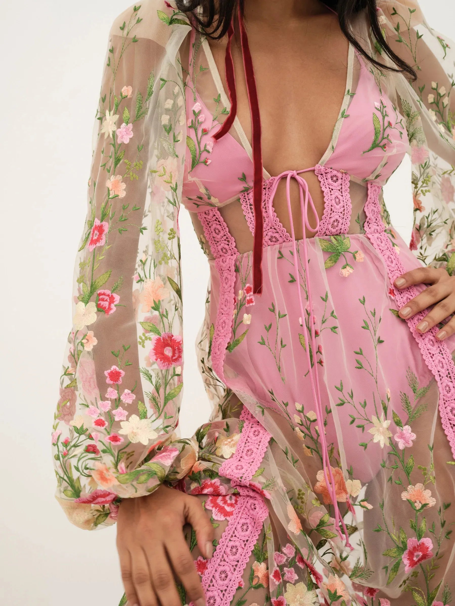 Backless See through V Neck Long Sleeve Floral Dress